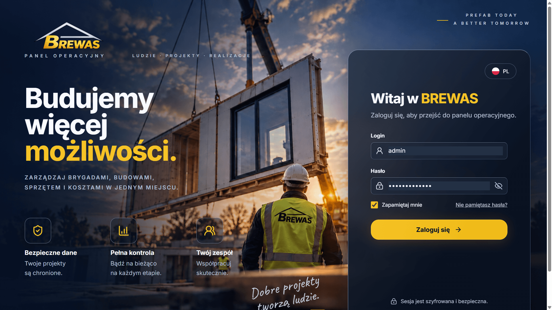 Brewas — ekran logowania